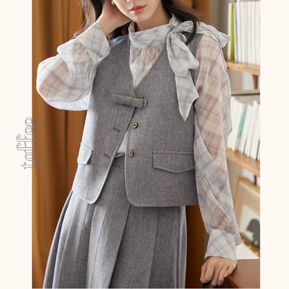 ボウタイ付きベスト＆ミモレ丈プリーツスカートのセットアップ《Z00850》