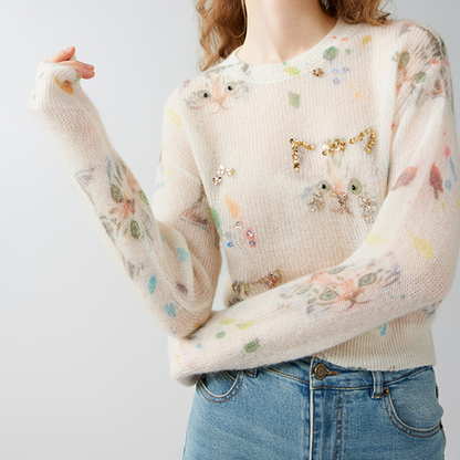 ビジュー＆キャットニットプルオーバー　Z00595