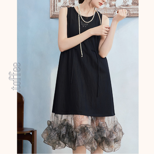 幻想チュールのノースリーブブラックワンピース《Z01061》