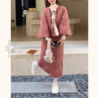 淡紅ファーリボンジャケット＆ミモレ丈スカートのセットアップ《Z01268》