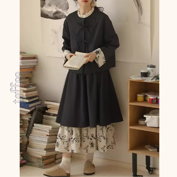 リボン留め×レイヤード風ブラックセットアップ《Z01358》