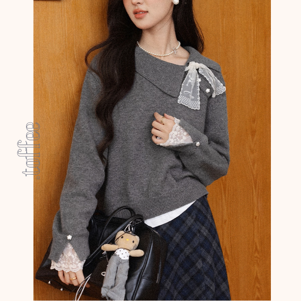 【3color】星降る午後のレース襟ニット《Z01142》