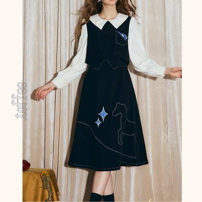 星を見上げる馬の刺繍ワンピース《Z01122》