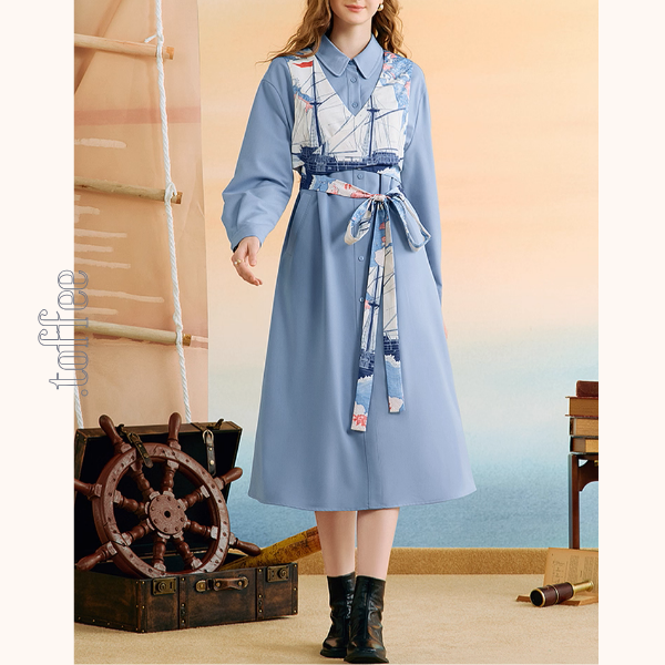 船と旅の重ね着風シャツワンピース《Z01132》