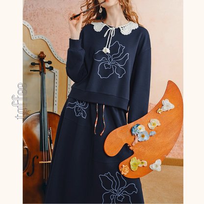 かぎ針襟と花刺繍のネイビーセット《Z01135》