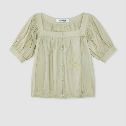 【2color】刺繍うさぎのスクエアネックブラウス《Z01046》