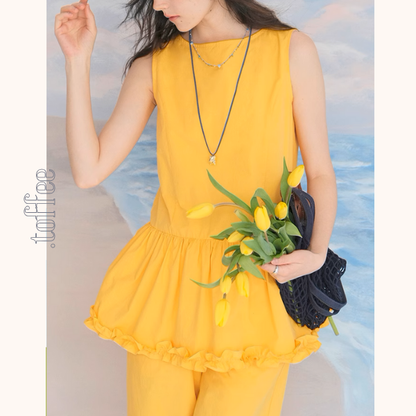 レースヘムペプラムノースリーブトップ＆ストレートパンツセットアップ 《Z00982》