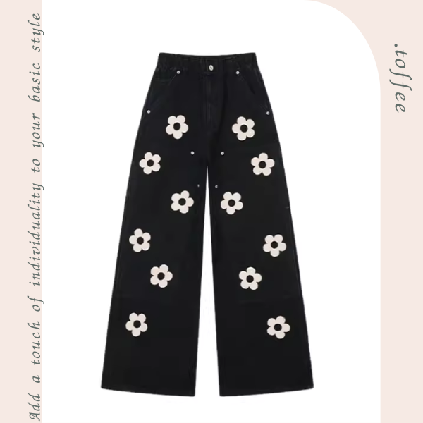 フラワーアップリケ付きブラックワイドデニムパンツ Z00305