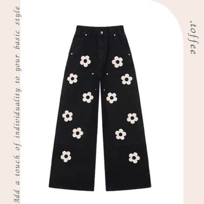 フラワーアップリケ付きブラックワイドデニムパンツ Z00305