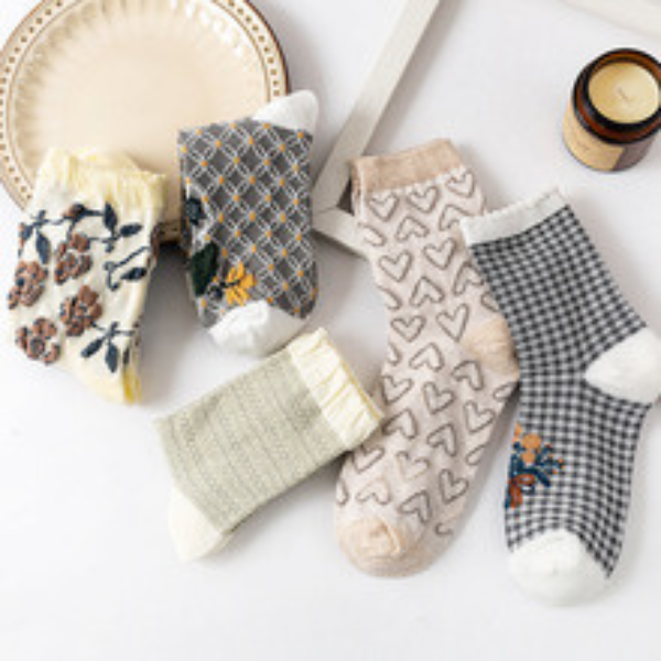 植物とハートモチーフのショートソックス5本セット Z00007