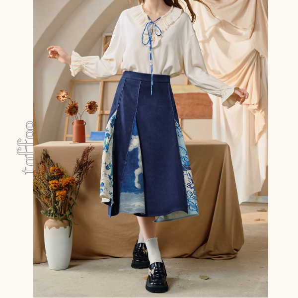 【2color】名画が踊る、切替アートプリントスカート《Z01123》