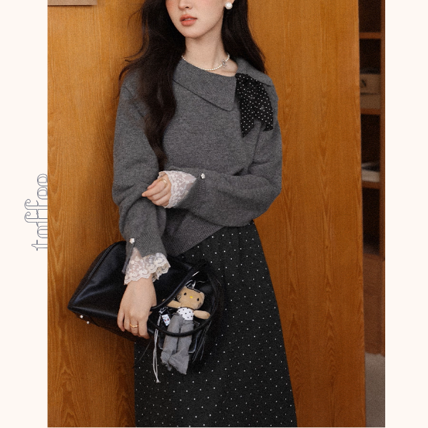 【3color】星降る午後のレース襟ニット《Z01142》