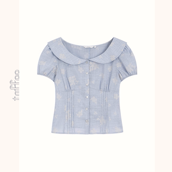 丸襟とパフスリーブのブルーワンピース《Z01090》