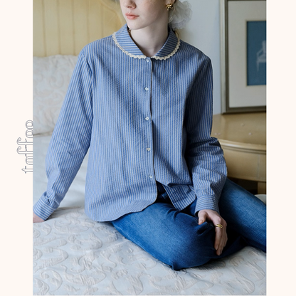 レースが語る午後の記憶ストライプシャツ《Z01177》