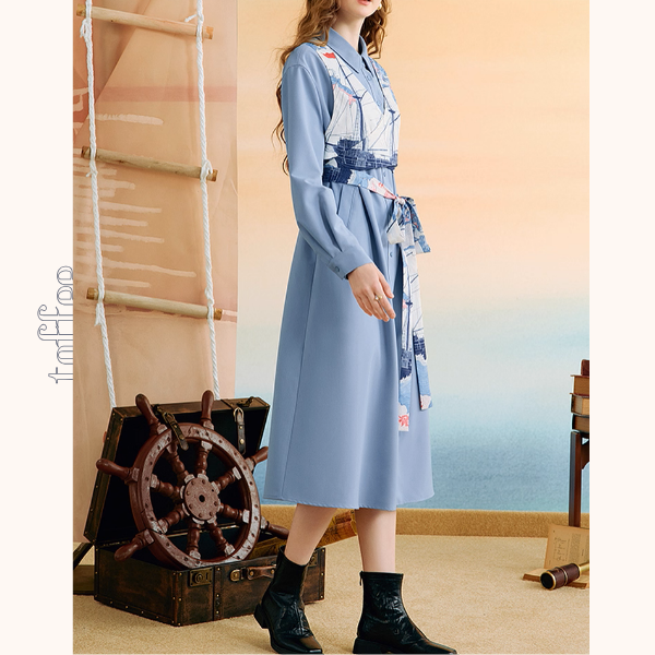 船と旅の重ね着風シャツワンピース《Z01132》