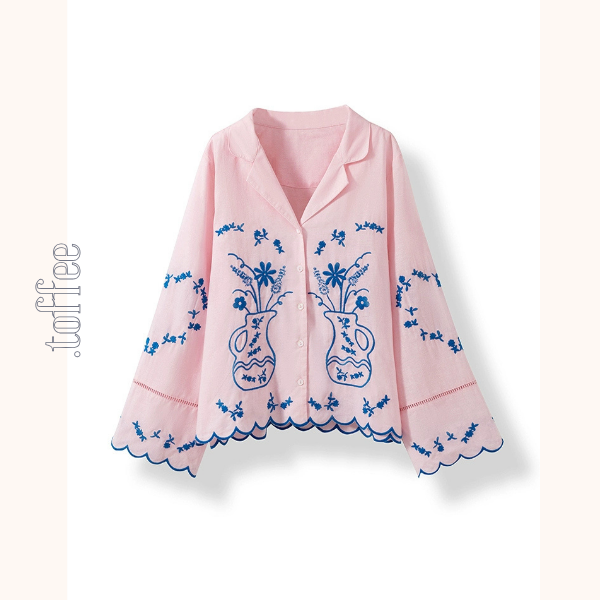 フラワーベース刺繍シャツ＆ショートパンツセットアップ《Z01006》