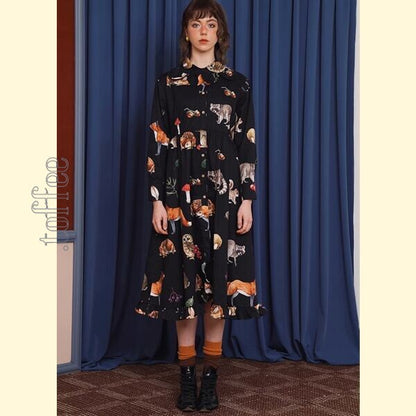 レトロエレガンス：クラシックアートのブラックシャツワンピース 《C0209》