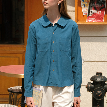 【3color】丸襟パッチポケット付きベーシックシャツ　《Z00742》