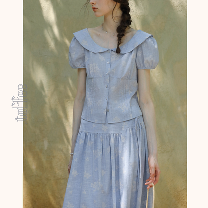 丸襟とパフスリーブのブルーワンピース《Z01090》