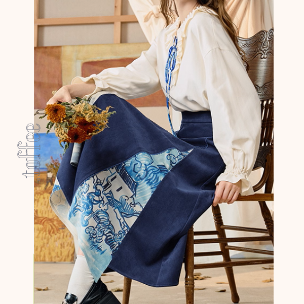 【2color】名画が踊る、切替アートプリントスカート《Z01123》