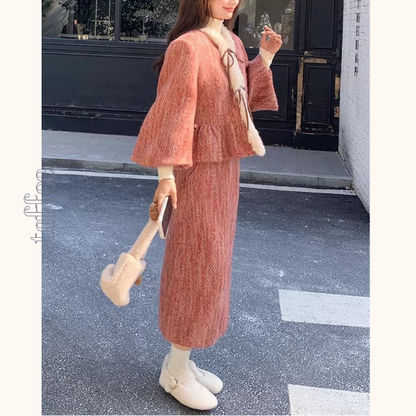 淡紅ファーリボンジャケット＆ミモレ丈スカートのセットアップ《Z01268》