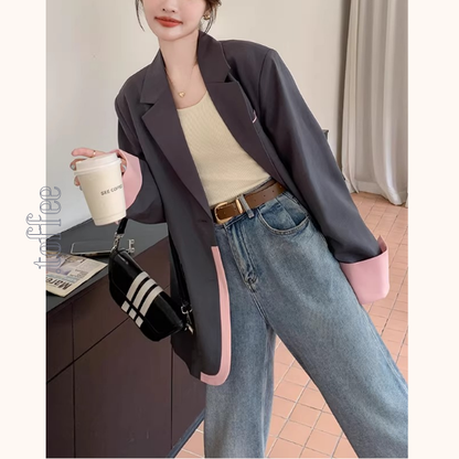 ピンク配色のカラーブロックスーツジャケット《Z01332》