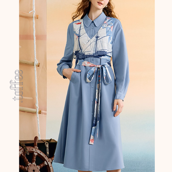 船と旅の重ね着風シャツワンピース《Z01132》