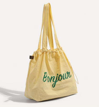 【4color】“Bonjour” レタープリントドローストリングトートバッグ　《Z00802》