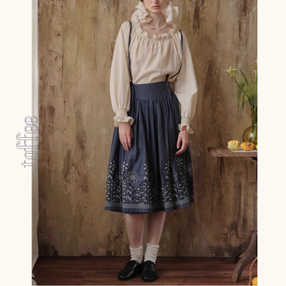 レトロ調花柄刺繍サスペンダースカート《Z01109》