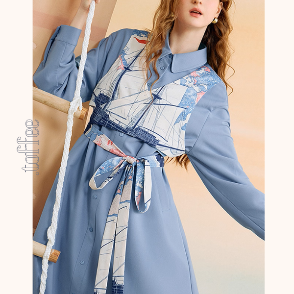 船と旅の重ね着風シャツワンピース《Z01132》