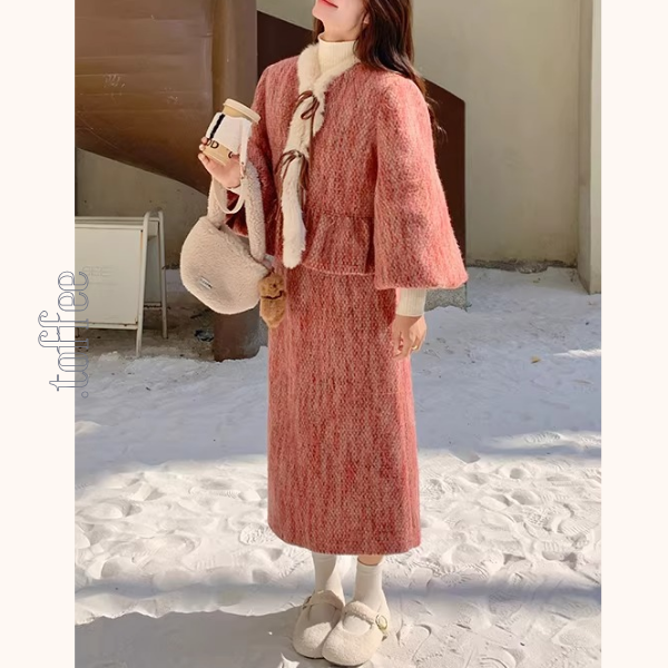 淡紅ファーリボンジャケット＆ミモレ丈スカートのセットアップ《Z01268》