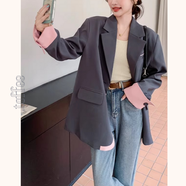 ピンク配色のカラーブロックスーツジャケット《Z01332》