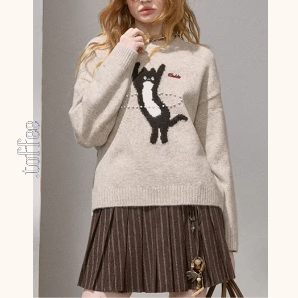 【3color】黒猫ビーズ刺繍が踊るふわもこモヘア風ニット《Z01493》