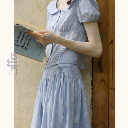 丸襟とパフスリーブのブルーワンピース《Z01090》