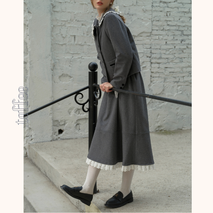 リボン＆レースジャケット＆Aラインミディ丈フレアスカートセットアップ　《Z00782》