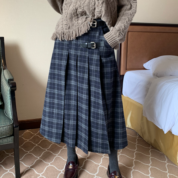 【2color】チェック柄ミモレ丈プリーツスカート　Z00565