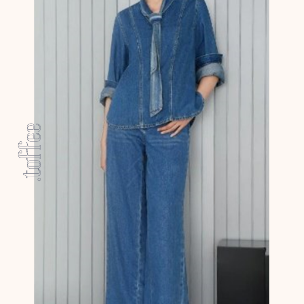 リボンタイ付きウォッシュドデニムシャツ　Z00611