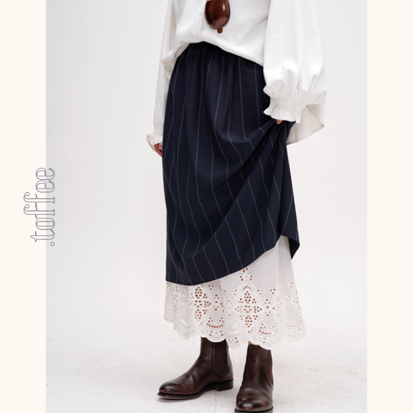 ネイビーストライプ＆レース重ね着スカート　Z00477