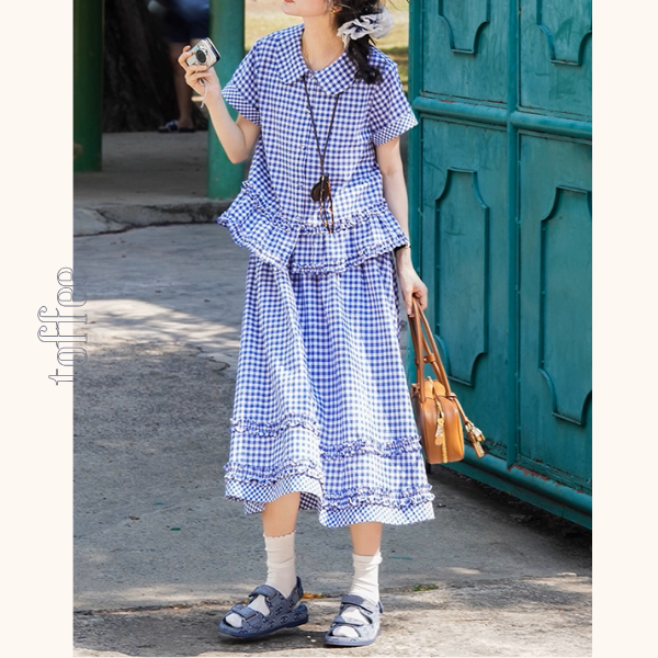 【2color】ギンガムチェック＆フリルセットアップ《Z01098》