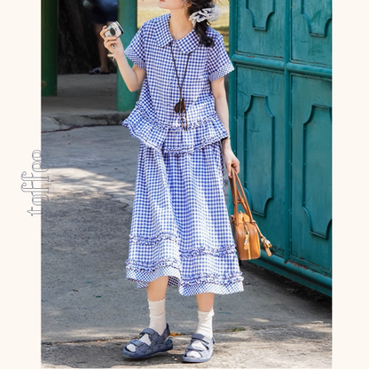 【2color】ギンガムチェック＆フリルセットアップ《Z01098》