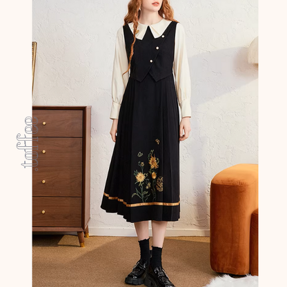 バイカラーと刺繍が映える上品プリーツワンピース《Z01207》