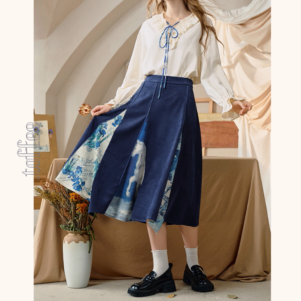 【2color】名画が踊る、切替アートプリントスカート《Z01123》