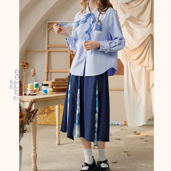 【2color】物語を結ぶリボンとアップリケのシャツ《Z01126》