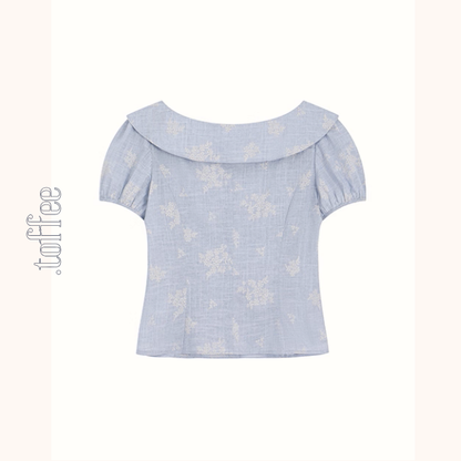 丸襟とパフスリーブのブルーワンピース《Z01090》