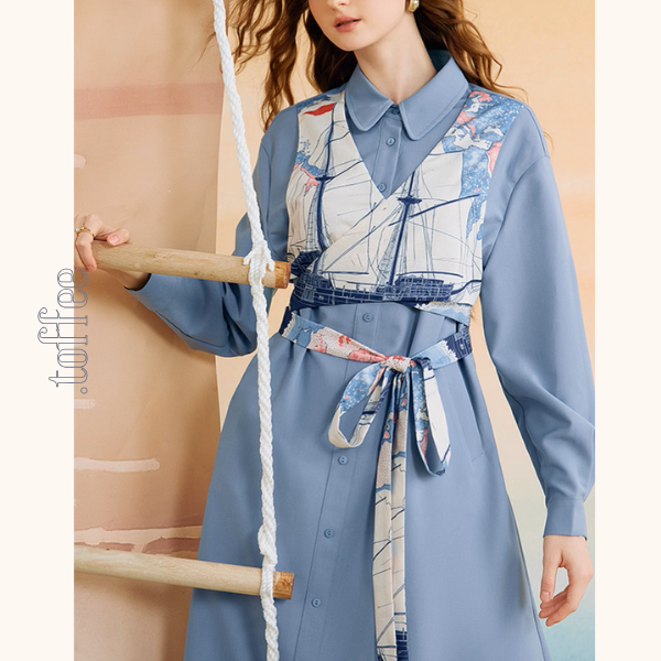 船と旅の重ね着風シャツワンピース《Z01132》