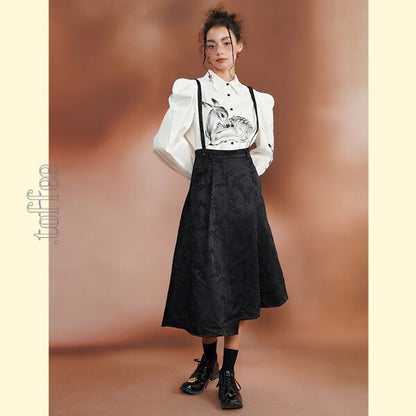 幻想的な水墨画ジャガードが織りなす：オリエンタルサスペンダースカート C0188