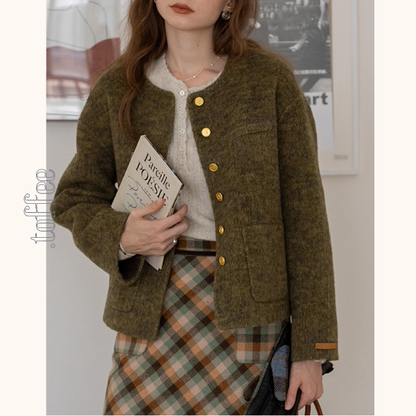 【3color】金のボタンが奏でるアートショートコート《Z01175》