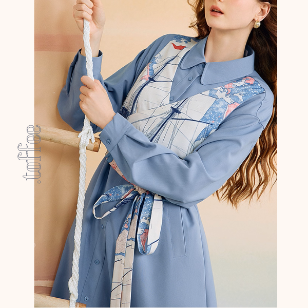 船と旅の重ね着風シャツワンピース《Z01132》