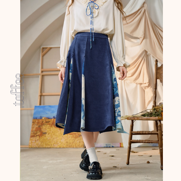 【2color】名画が踊る、切替アートプリントスカート《Z01123》