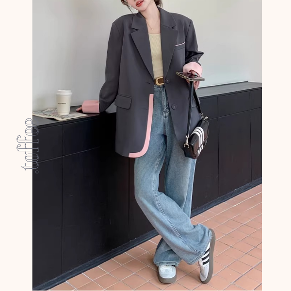 ピンク配色のカラーブロックスーツジャケット《Z01332》